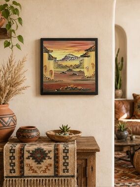 Signed Southwestern Desert Landscape Hand Painted Ceramic Tile Art 2007 8x8